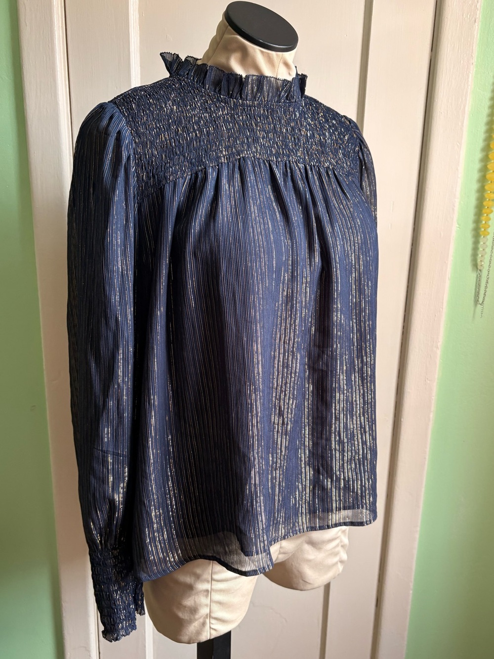 Ann Taylor Metallic Navy Smock-Neck Long Sleeve Blouse